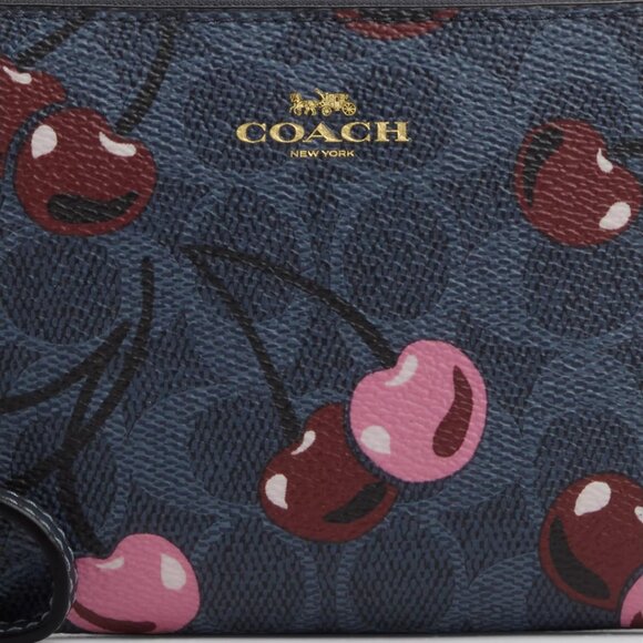 NWT - Corner Zip Wristlet In Signature Canvas W/ Cherry Print Color: Gold/Denim - Picture 2 of 6